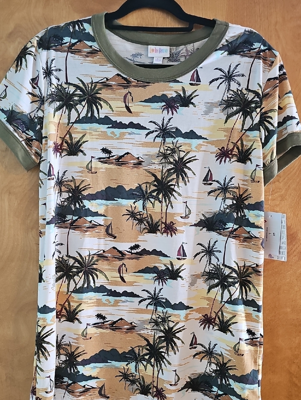 LuLaRoe Tropical Palm Print Tee in Olive Trim